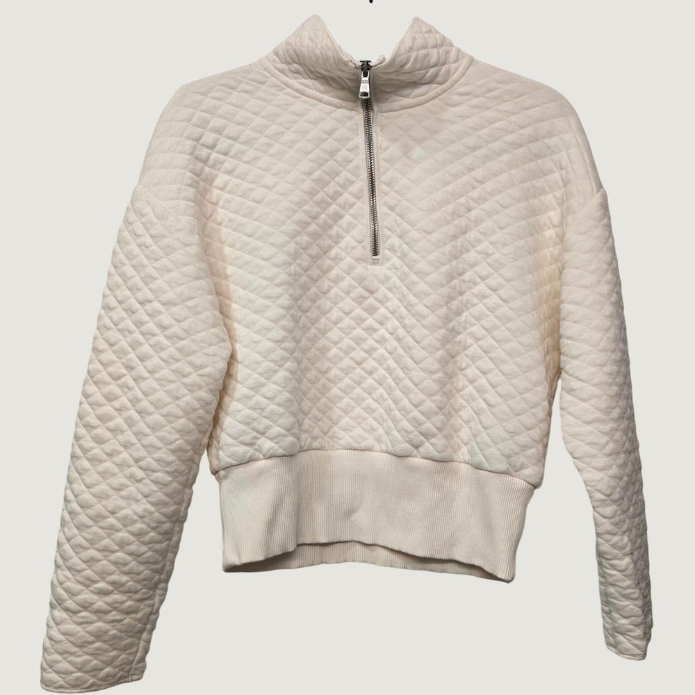 Banana Republic Quilted Quarter Zip Pullover Sweatshirt Ivory White S Preppy